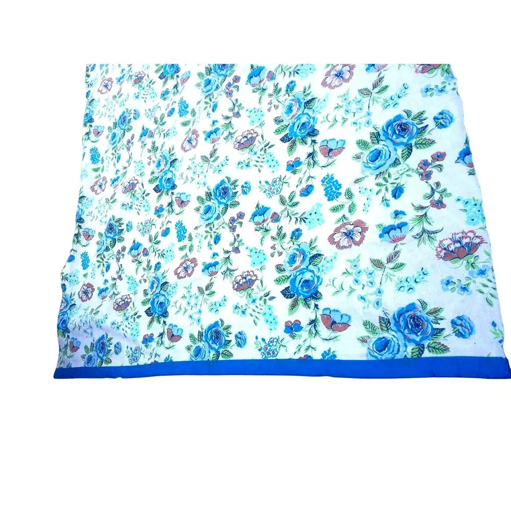 Vintage Chatham Blue Floral Blanket Satin Trim Retro Shabby Chic Cottagecore 70s